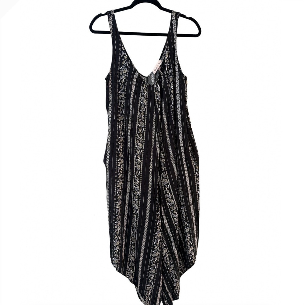 Harlow & Rose Womens Black Floral Stripe Wide Leg Sharkbite Jumpsuit Medium‎ M